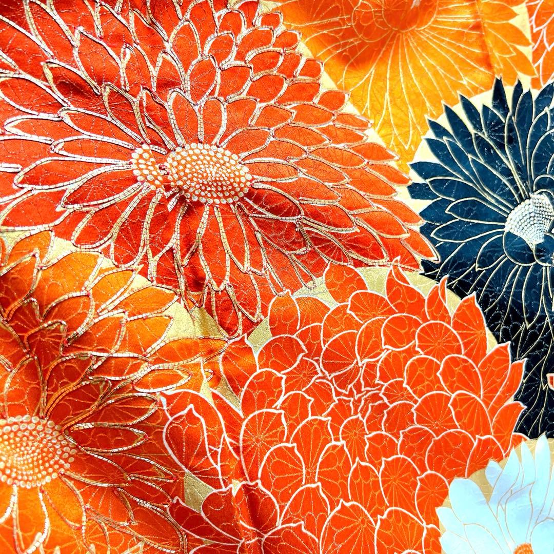 振袖　金駒刺繍　金彩　菊花　乱菊　変わり市松　着物　021tz ☆
