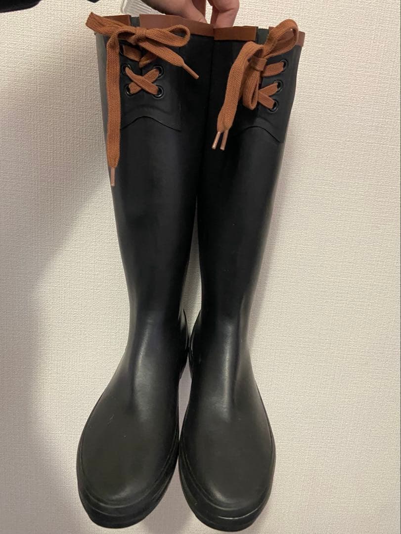 【値下げ】AIGLE ブラック レースアップ ロングブーツ レインブーツ　長靴