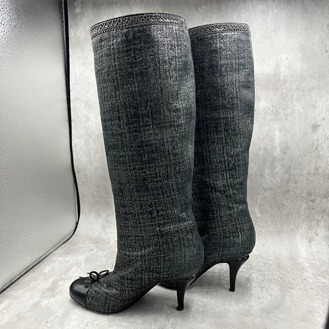 CHANELシャネル ロングブーツ ファブリック ブラック
