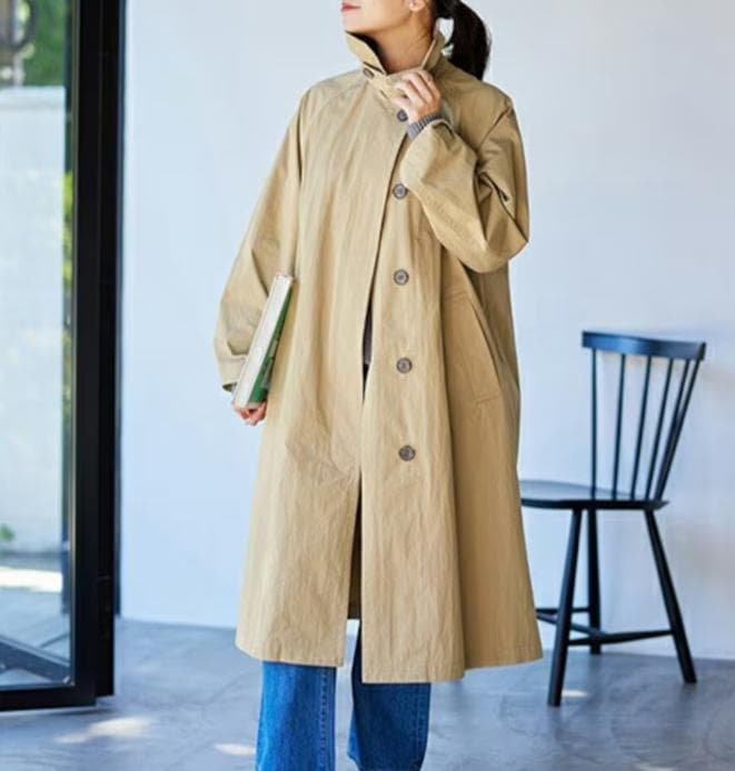 美品 　JS　コットンナイロンギャバ ビッグカラー　スプリングコート　ベージュ