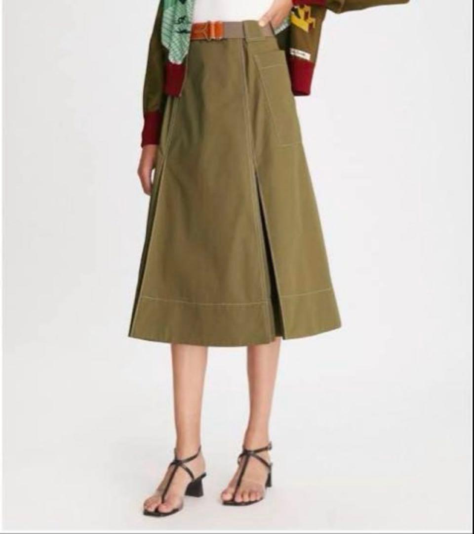 TORY BURCH ポプリンネイビープリーツスカート ベルト付き