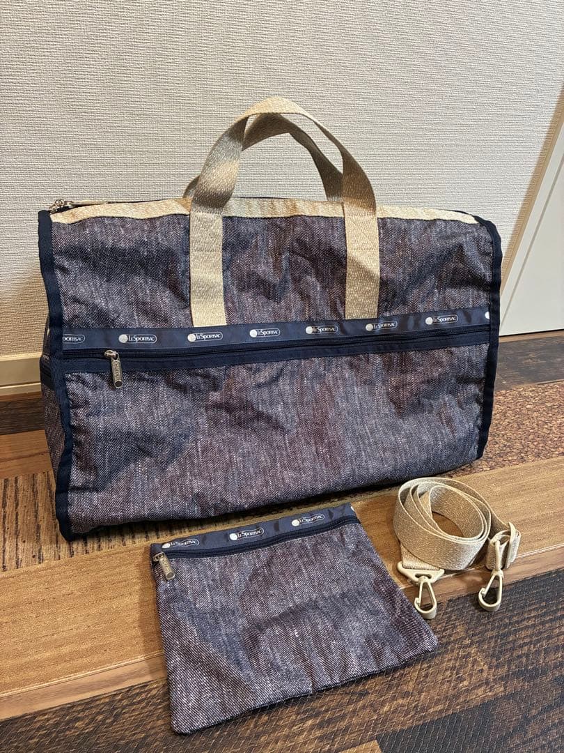 新品同　レスポートサック ボストンバッグ　デニムブルー×霜降りベージュ