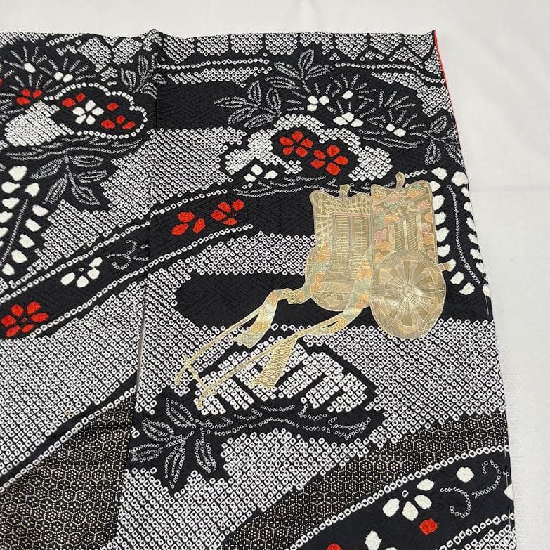 ゆりのはな　総絞り　振袖　金彩友禅入り　金駒刺繍　熨斗柄　黒色系　正絹　C002