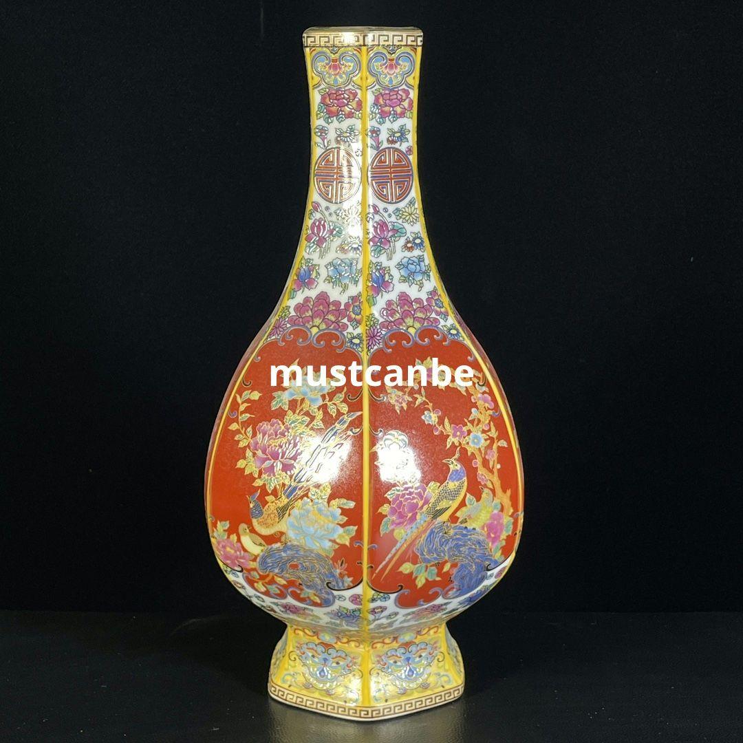 珐瑯彩赤釉花鸟六棱瓶 景徳鎮 陶磁器 装飾品 現代工芸品 美術品 置物