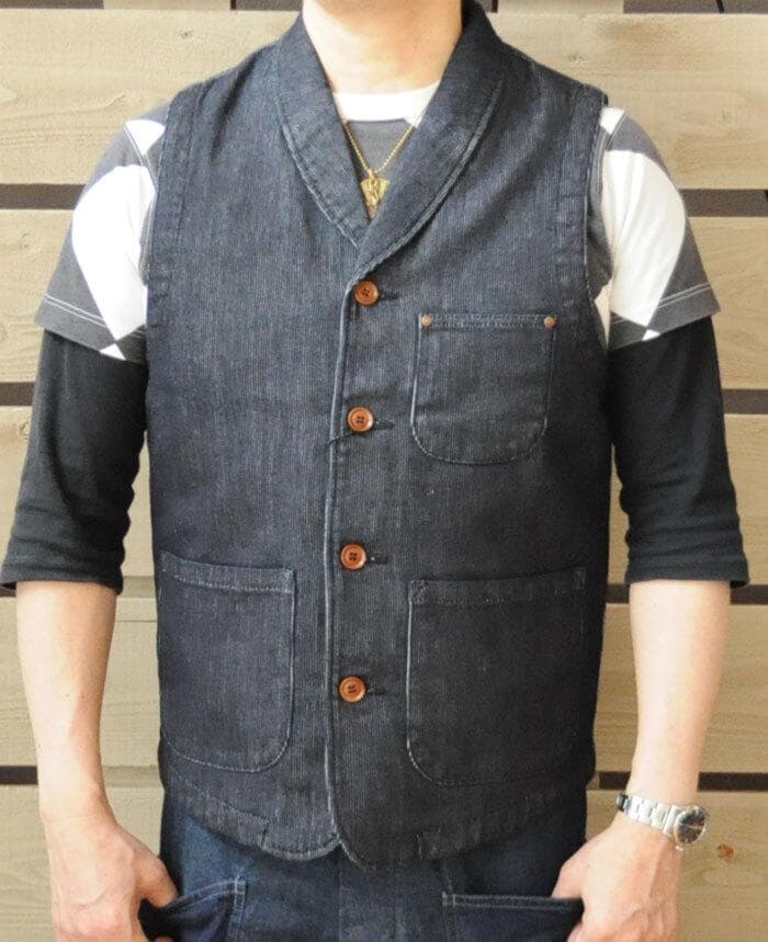 美品 20AW 桃太郎ジーンズ インディゴ ピケ ショールカラー ベスト 40