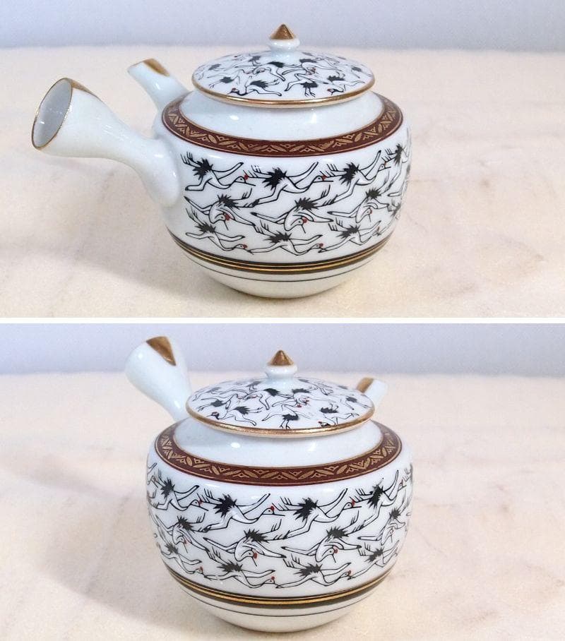 【戦前・未使用】九谷焼 九谷栄山 群鶴文 茶菓セット/茶器揃5客 急須/湯吞茶碗