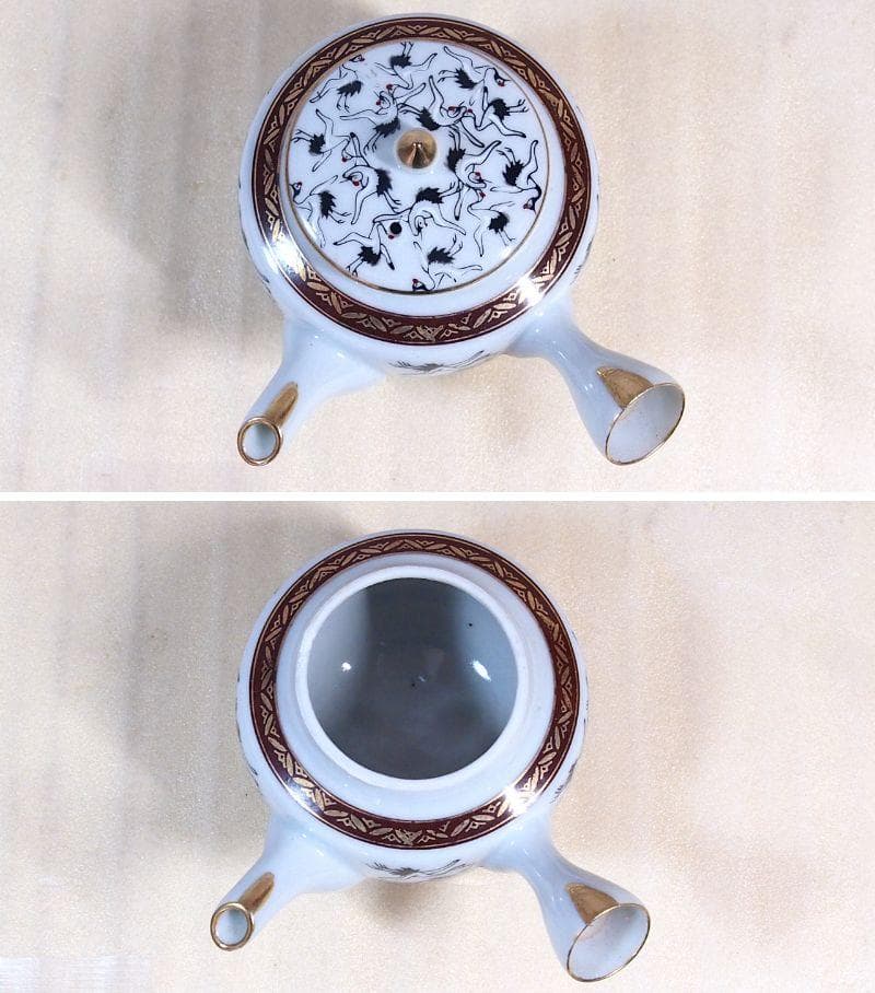【戦前・未使用】九谷焼 九谷栄山 群鶴文 茶菓セット/茶器揃5客 急須/湯吞茶碗