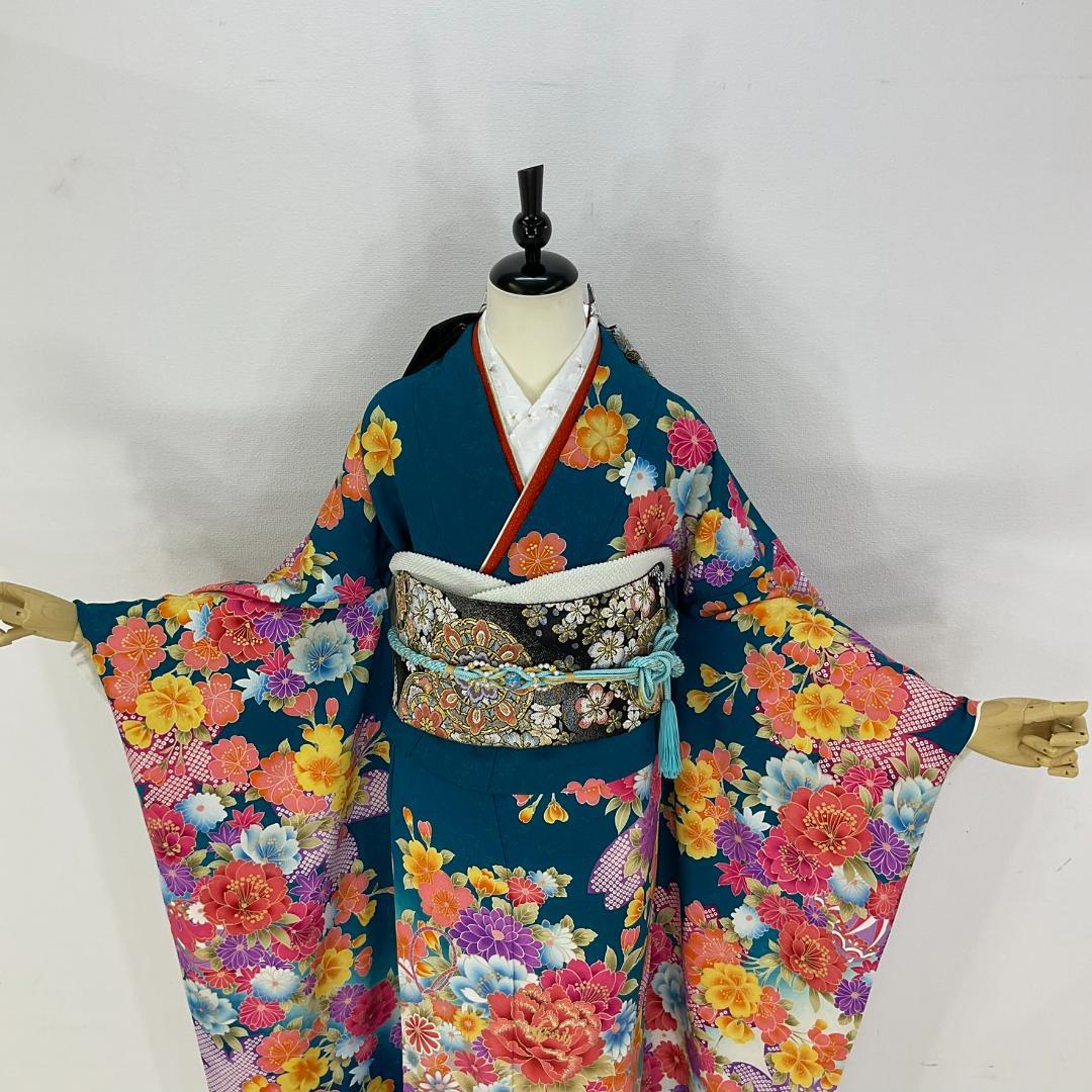 お振袖 ブルーグリーン　正絹　美品　成人式