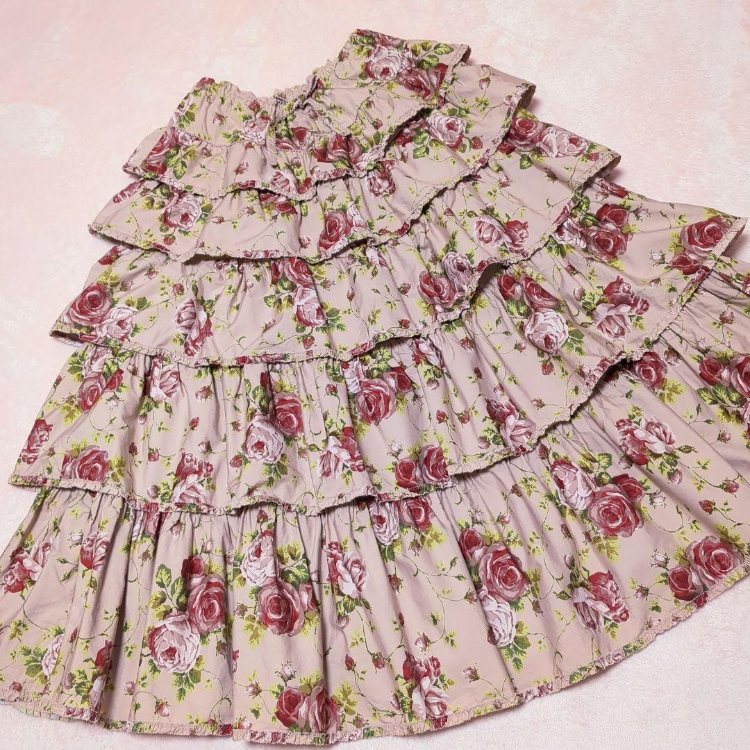 美品 ワンダフルワールド 薔薇柄 ティアードスカート ピンクハウス 段々スカート