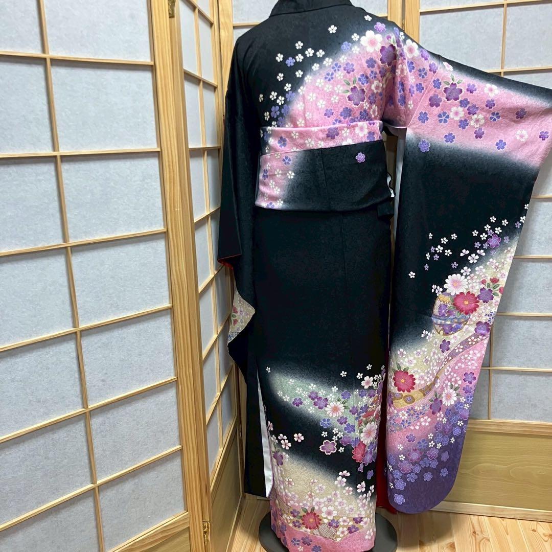 ［4375］振袖 4点セット 美品 金彩 成人式 卒業式 正絹 着物 袷 黒