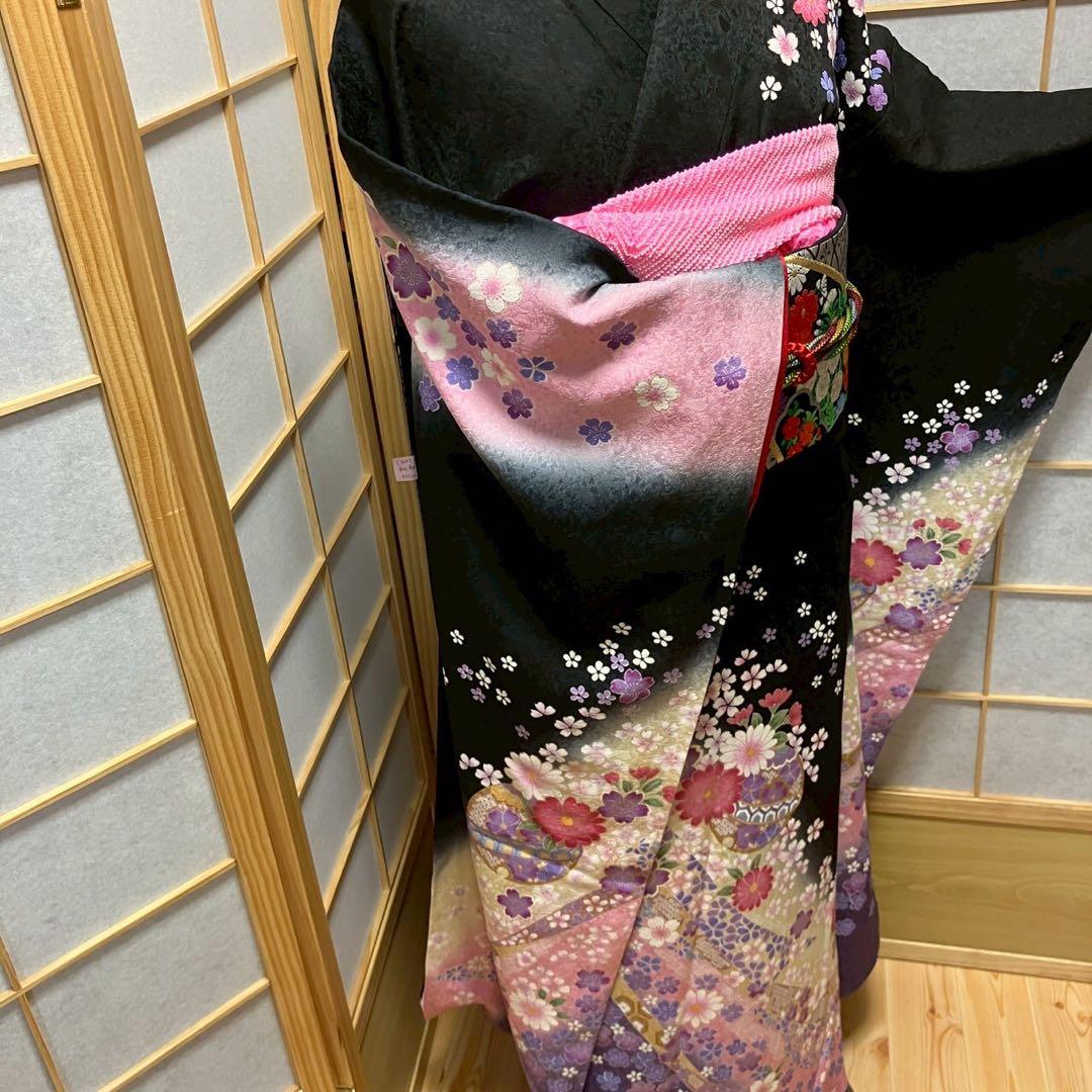 ［4375］振袖 4点セット 美品 金彩 成人式 卒業式 正絹 着物 袷 黒