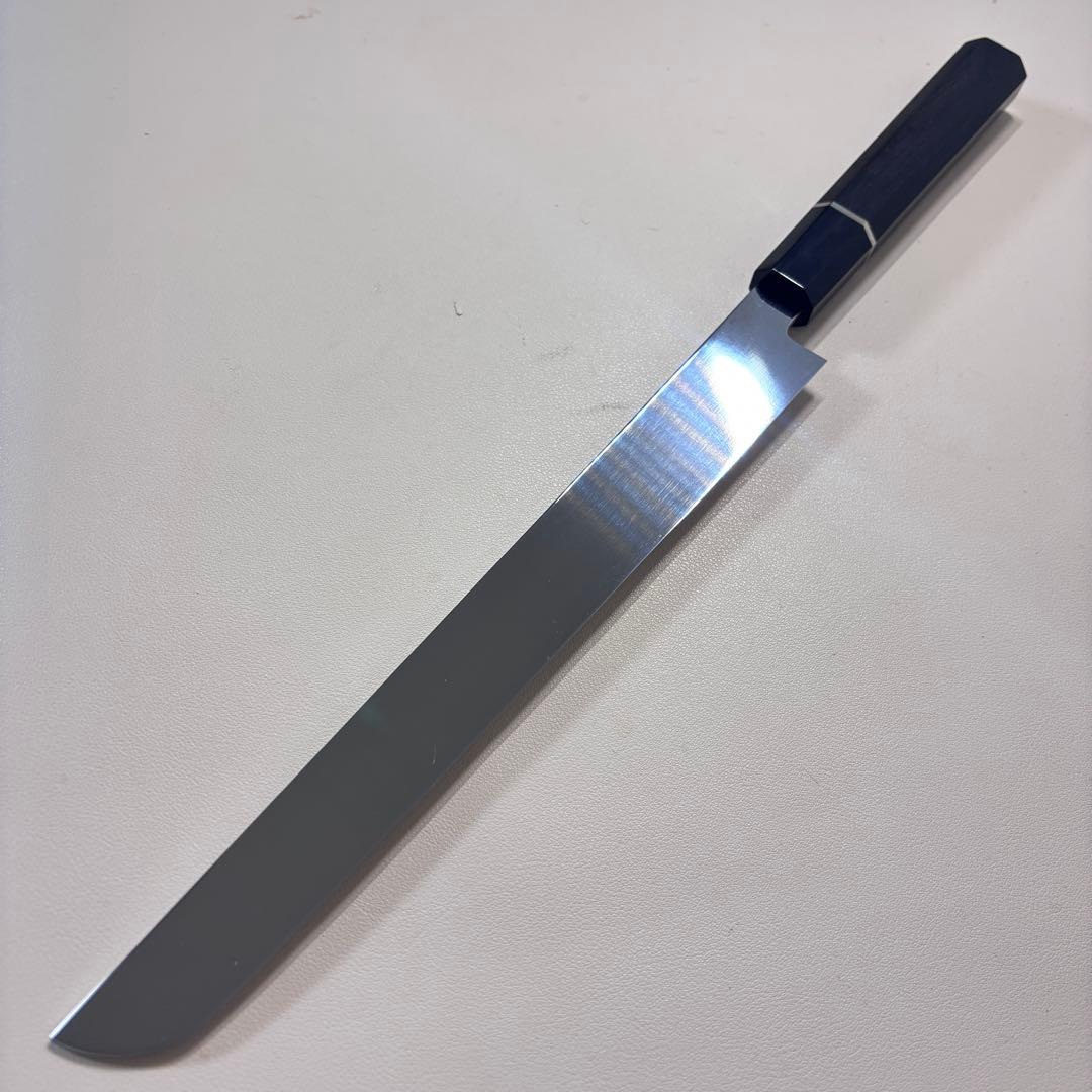 270mm先丸柳刃包丁 鏡面　黒檀黒水牛銀巻八角柄 刺身包丁 全鋼「鞘付き」，