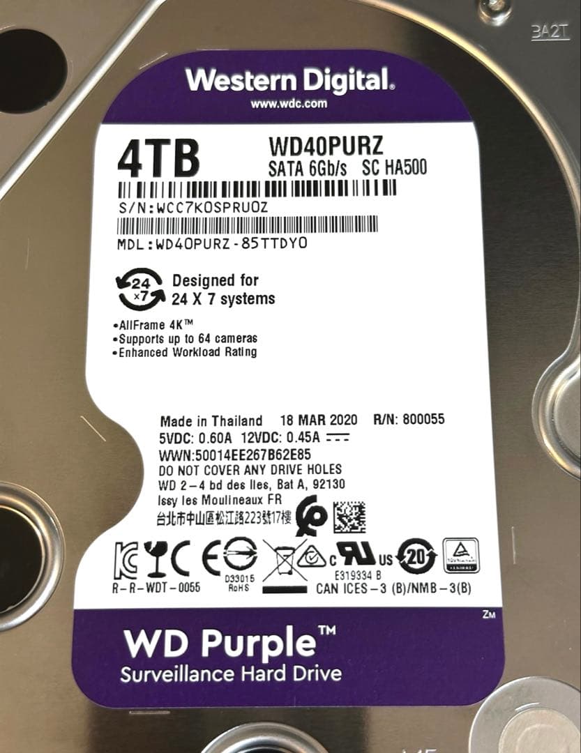 WD Purple 4TB HDD WD40PURZ 4台セット