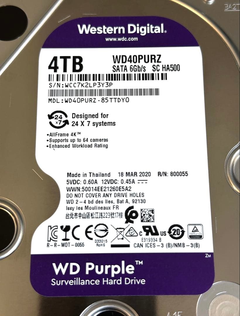 WD Purple 4TB HDD WD40PURZ 4台セット