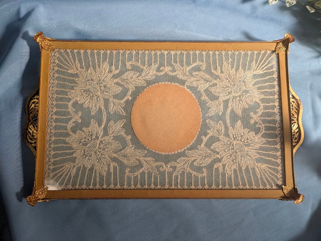 英国 アンティーク レース プチポアン 刺繍 ドレッシングトレイ
