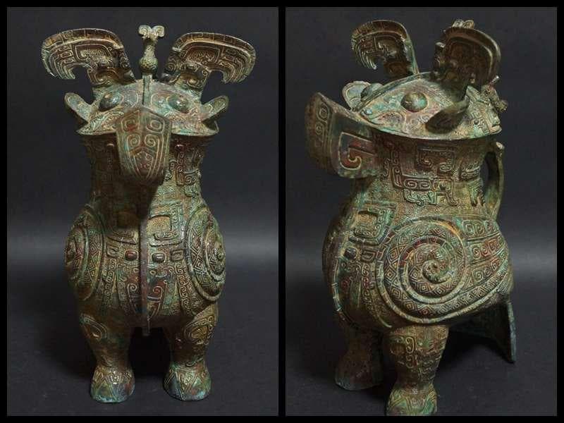 大型青銅製 金工細工 商代『婦好尊鴞』梟形の酒つぼ/オブジェ 茶道具 古美術