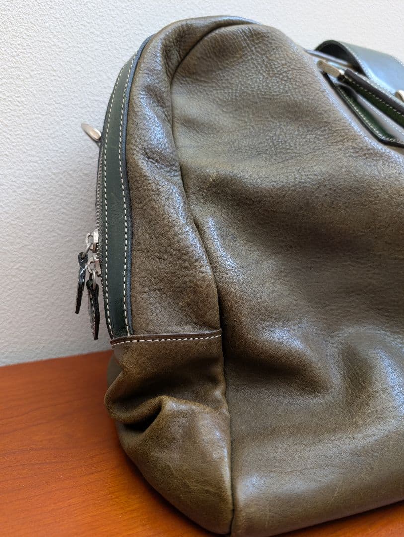 万双　ダークグリーン レザー ボストンバッグ