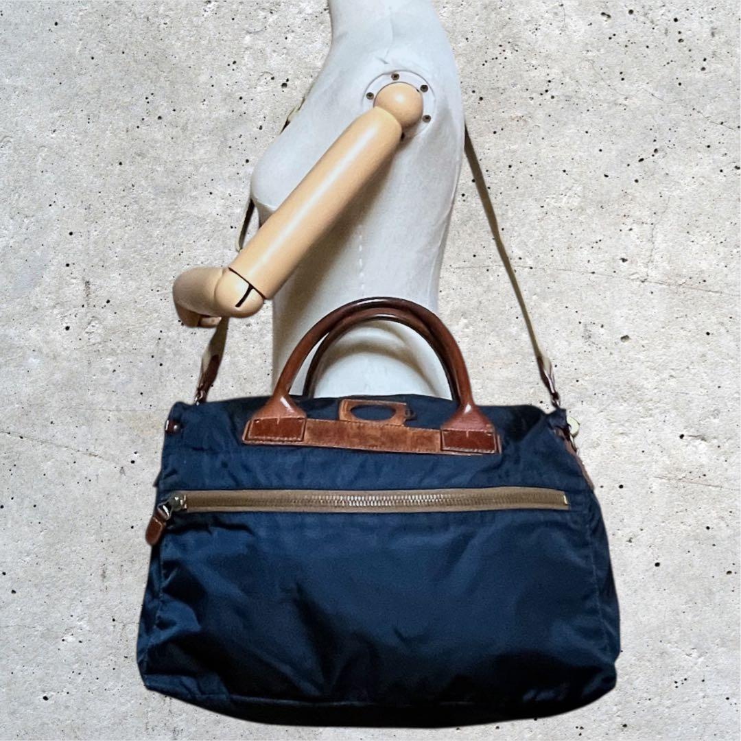 美品　フェリージ　ボストンバッグ　2way ナイロン　レザー　ネイビー　紺