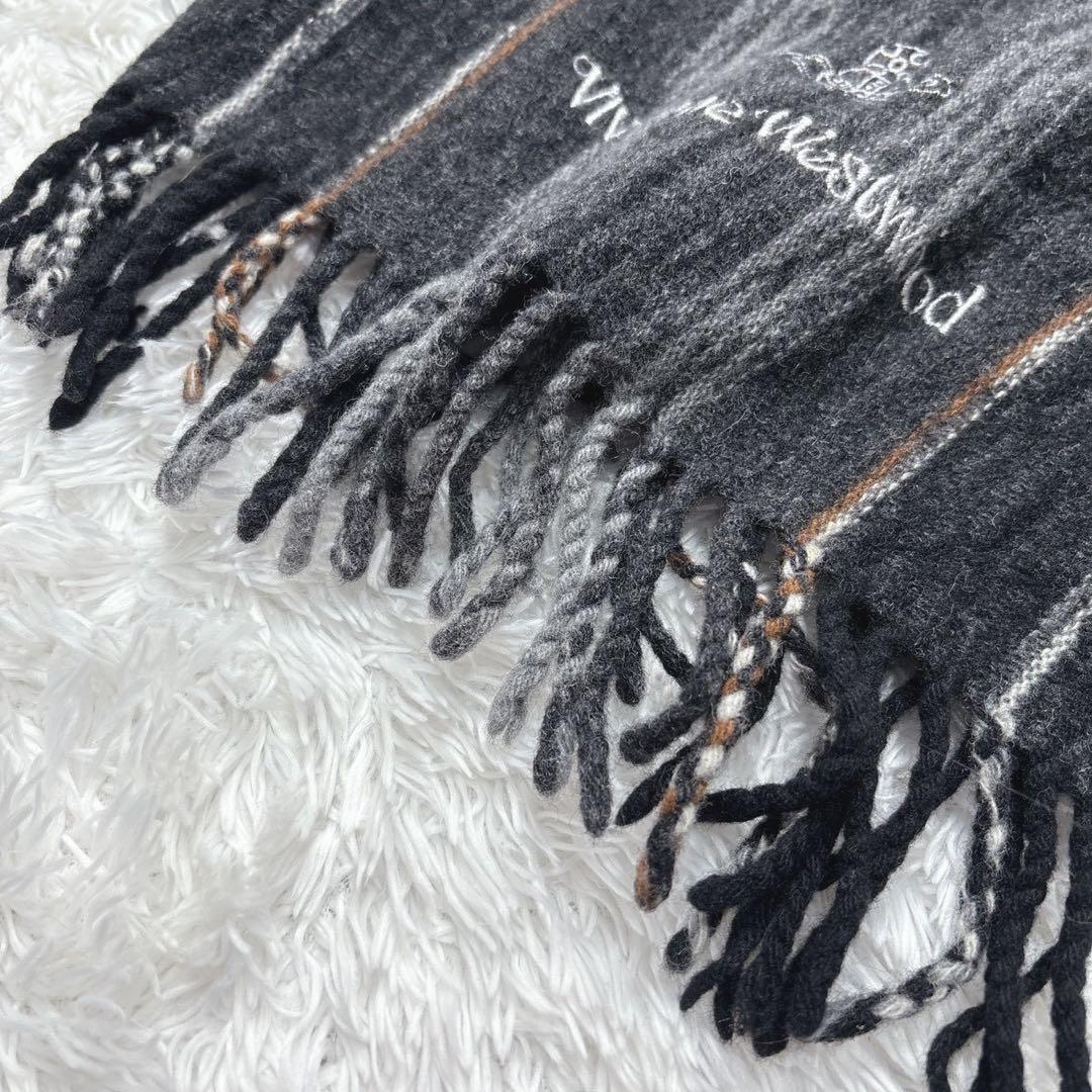 美品 Vivienne Westwood ウールマフラー オーブ刺繍 ストライプ