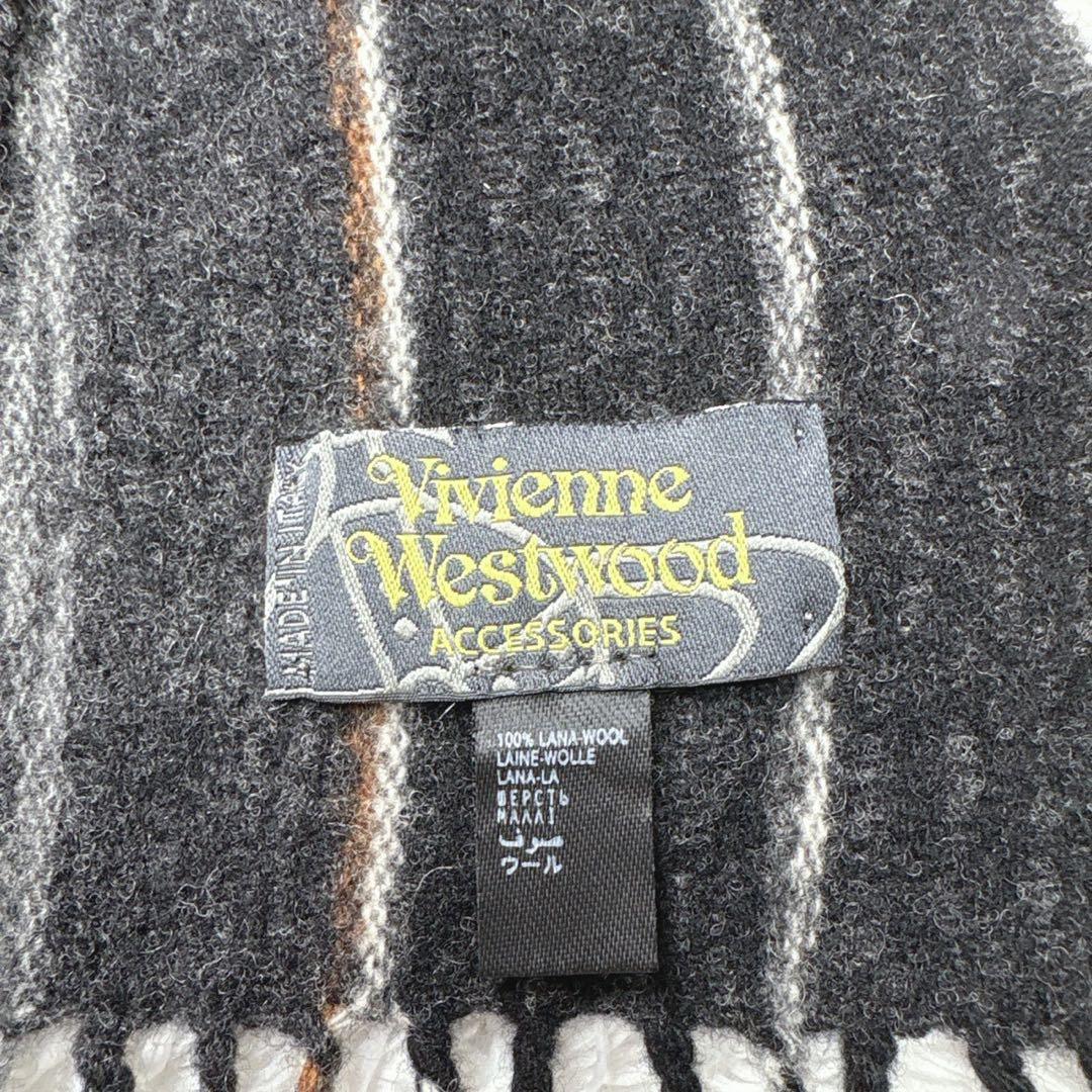 美品 Vivienne Westwood ウールマフラー オーブ刺繍 ストライプ