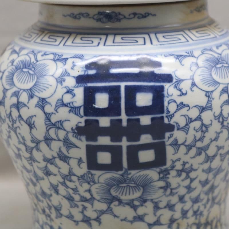 清康煕藍地青花纏枝喜字氷梅紋将軍缶 景徳鎮 陶磁器 装飾品 工芸品美術品 置物
