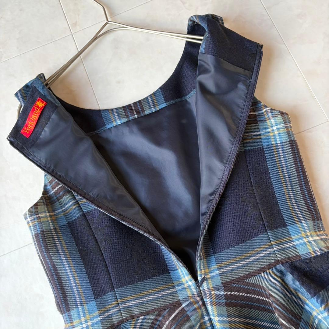 極美品✨ヨークランド タータンチェック ウールワンピース 9AR M 紺 上質