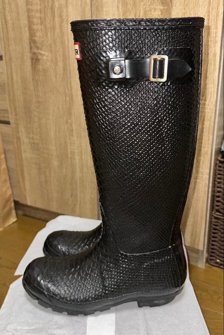 美品✨ HUNTER EU37 ロング レイン ブーツ ブラック クロコ 型押し
