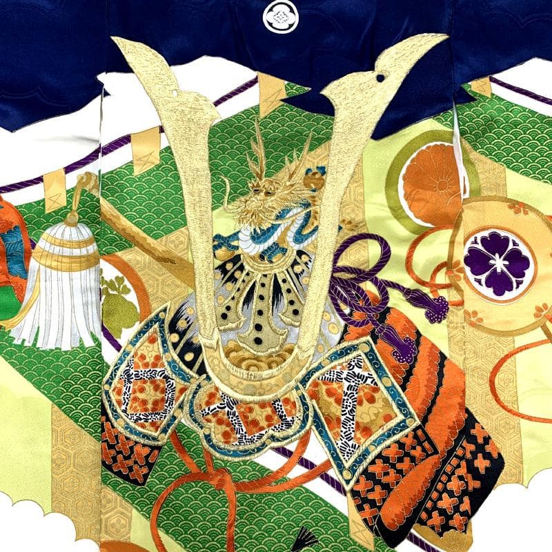508ay65□お宮参り 男児 祝い着 着物 掛け着 龍に兜 扇 青白□美品