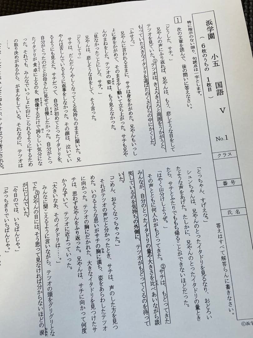 i浜学園　最新版　2023年　小5　復習テスト　Vクラス　算国理　3科目