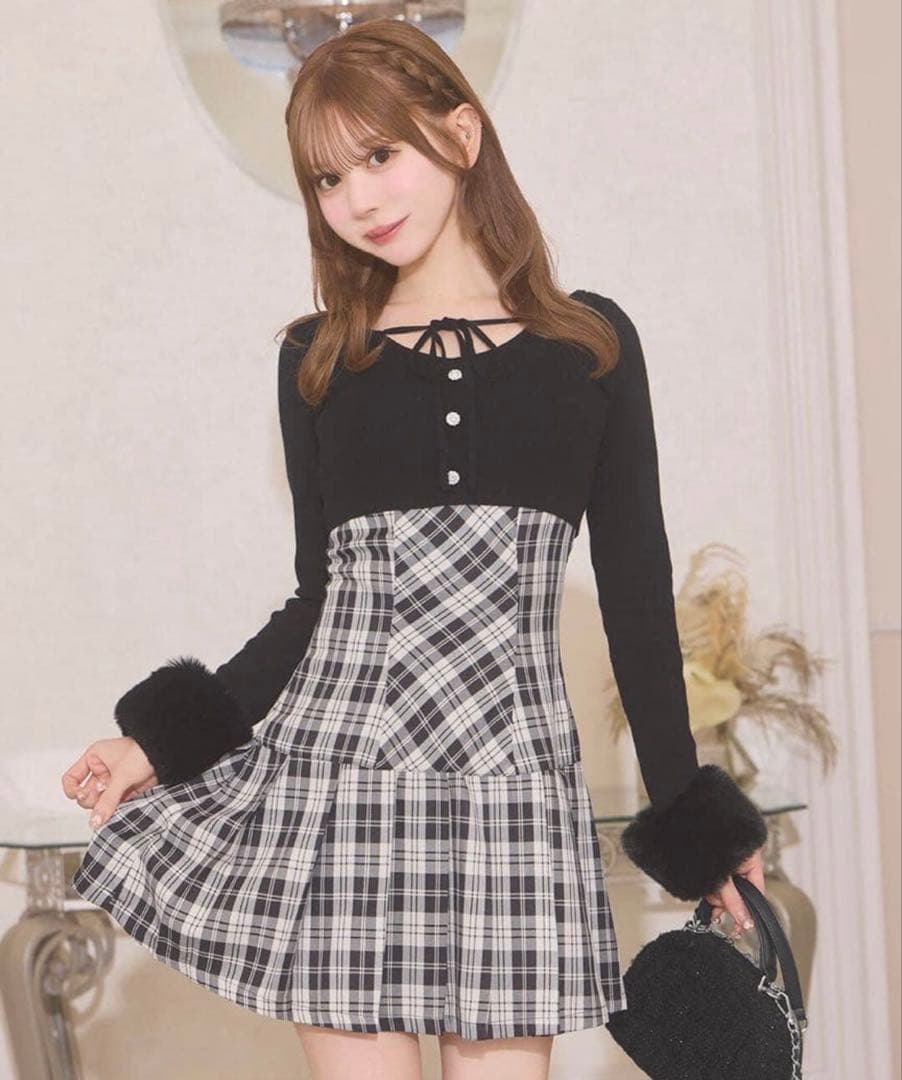 ミシェルマカロン ボレロsetチェックプリーツワンピ