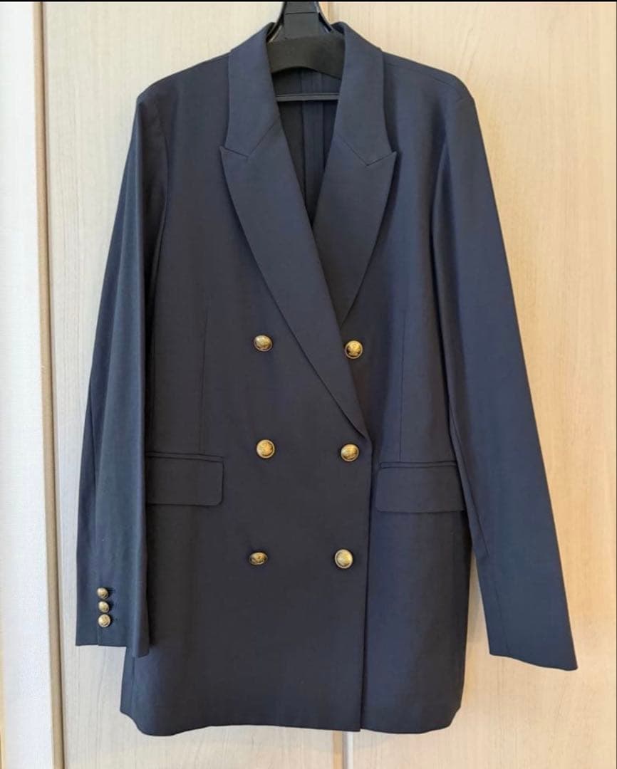 新品 PLST プラステ リネンブレンド ダブルブレストジャケット ネイビー 紺