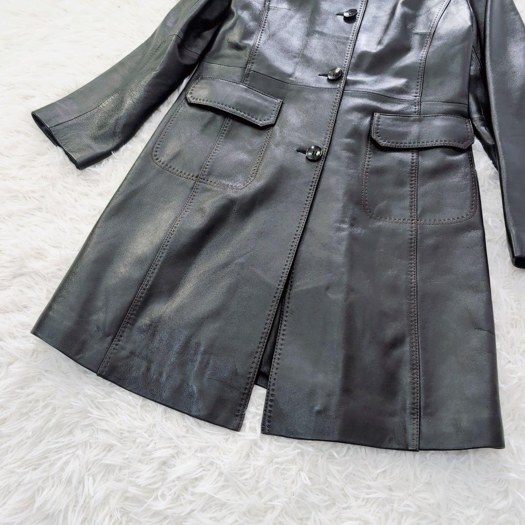 ✨️美品✨️本革　ラムレザー　ロング　レザーコート　上質　L　黒　ステッチ