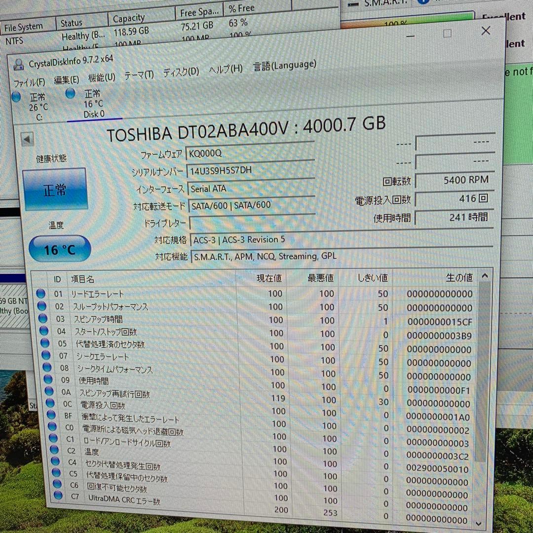 TOSHIBA 4TB HDD DT02ABA400V 正常動作 使用241時間