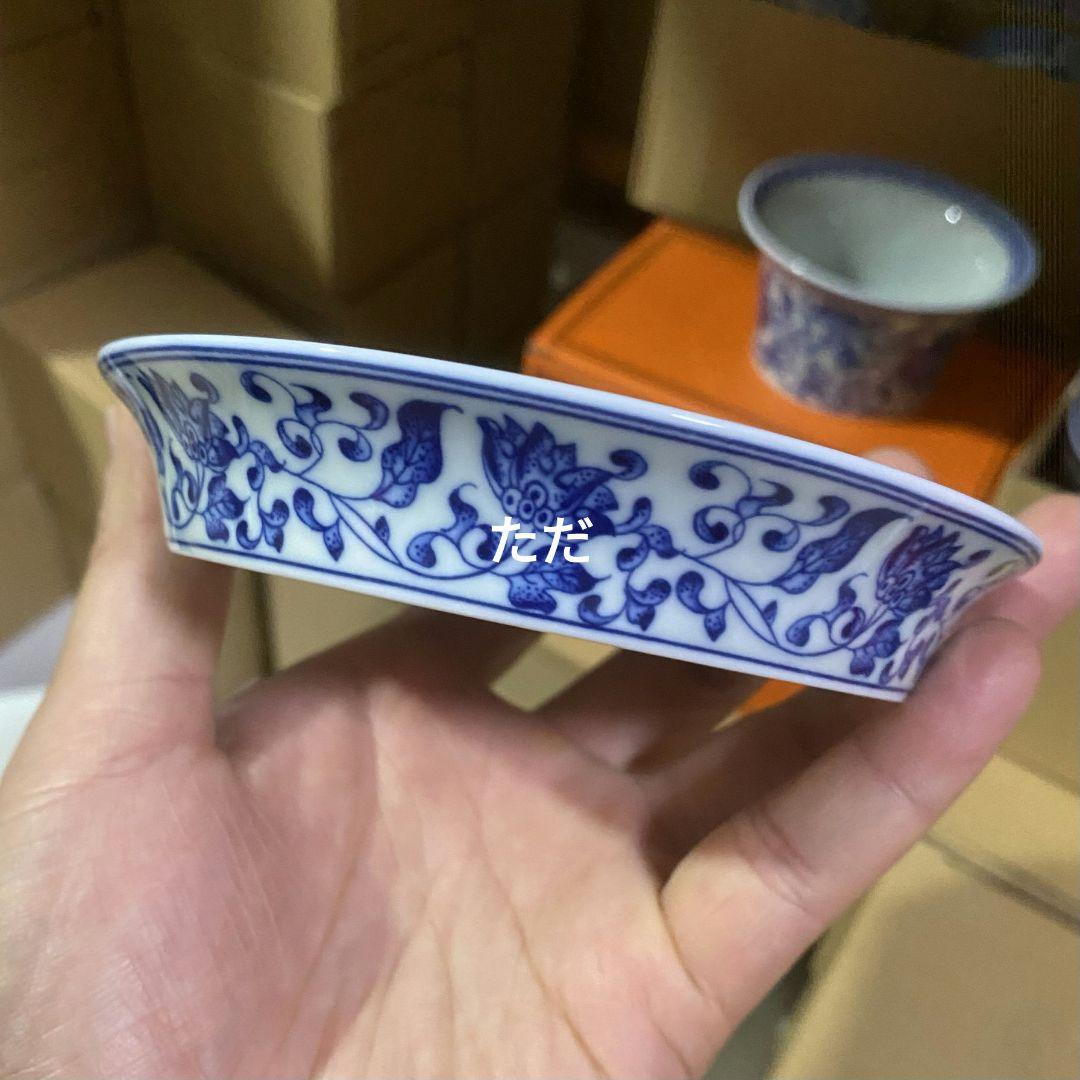 中国茶器 景徳鎮 陶磁器 七丞堂青花点絵巻枝蓮三才蓋碗 茶杯 煎茶器 未使用品
