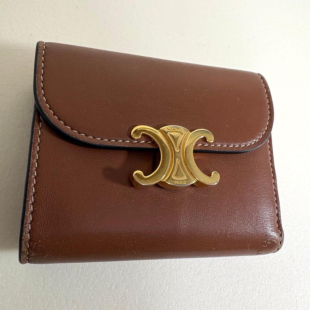 付属品CELINE トリオンフ スモール フラップ ウォレット 三つ折り タン