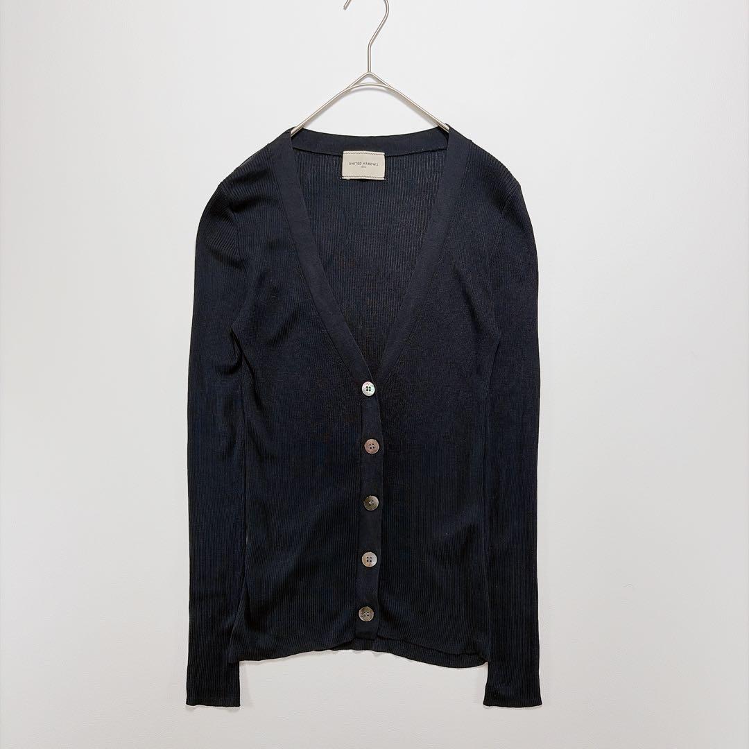 UNITED ARROWS シルク100％ リブVネック カーディガン ネイビー