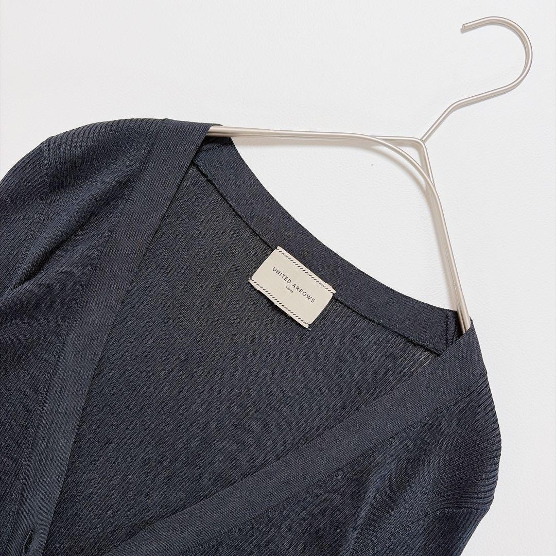 UNITED ARROWS シルク100％ リブVネック カーディガン ネイビー
