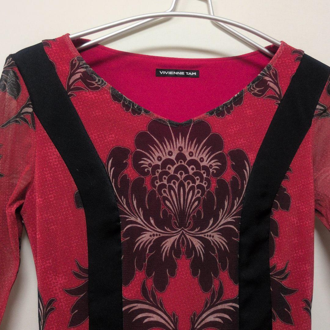 VIVIENNE TAM ワンピース 花柄 赤 黒 七分袖 パワーネット 上品