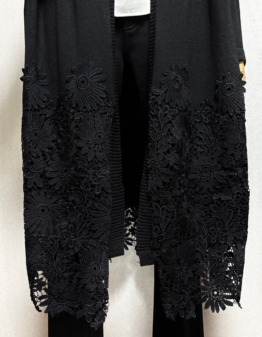 【新品】 Lascolinas フラワーレース ロングニットカーディガン M〜L