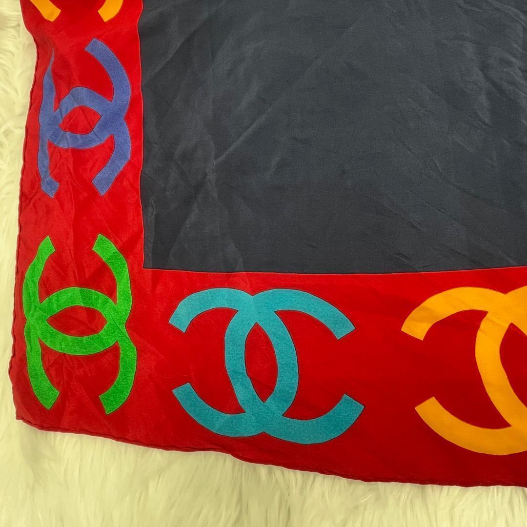 シャネル　CHANEL ココマーク シルクスカーフ 大判　レッド　ネイビー