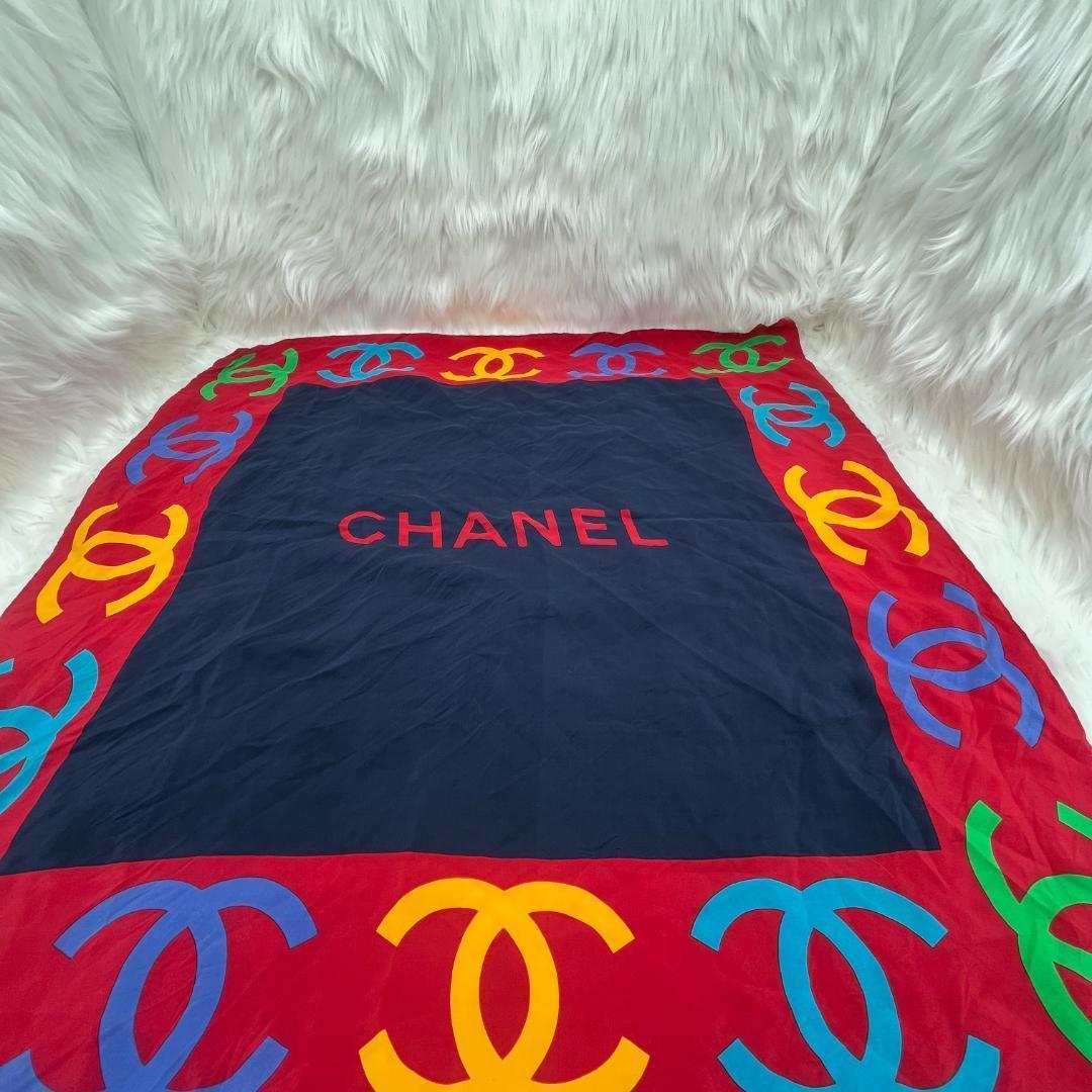 シャネル　CHANEL ココマーク シルクスカーフ 大判　レッド　ネイビー