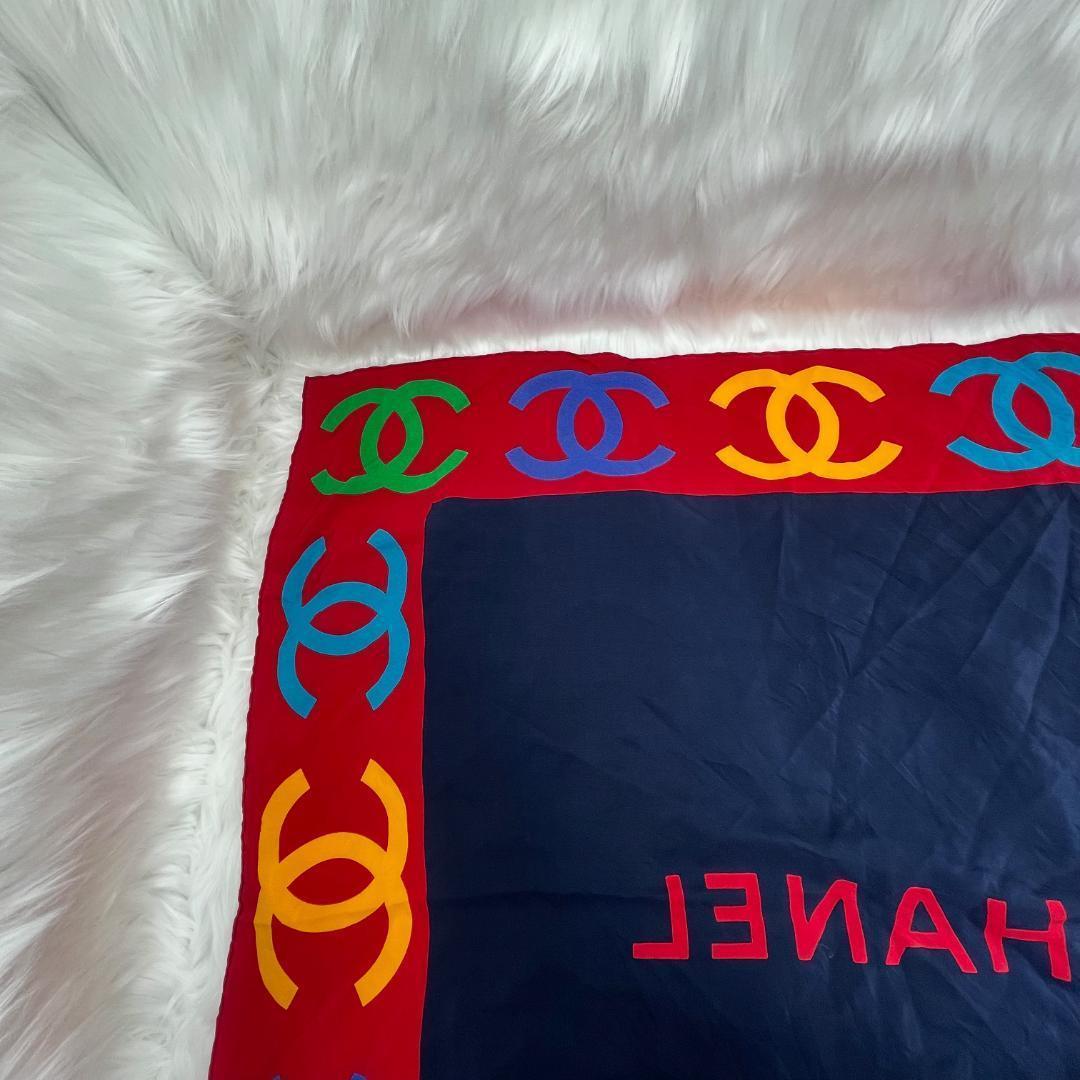 シャネル　CHANEL ココマーク シルクスカーフ 大判　レッド　ネイビー