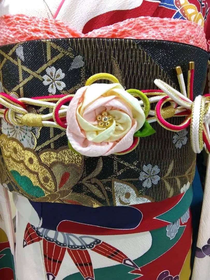 振袖フルセット、正絹京紅型振袖、落款重ね衿帯揚げ帯締め、西陣袋帯襦袢、ガード加工