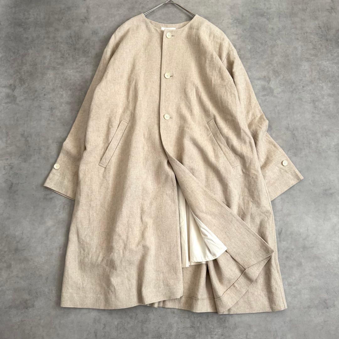 極美品 近年 かぐれ リネン レーヨン テントコート ベージュ ノーカラー 麻