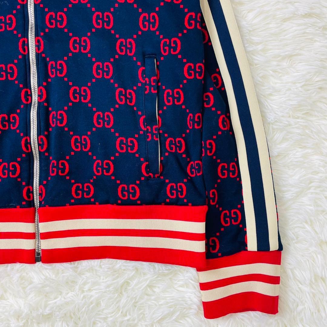 GUCCI GG総柄 ジャカード トラックジャケット ネイビー×レッド Lサイズ