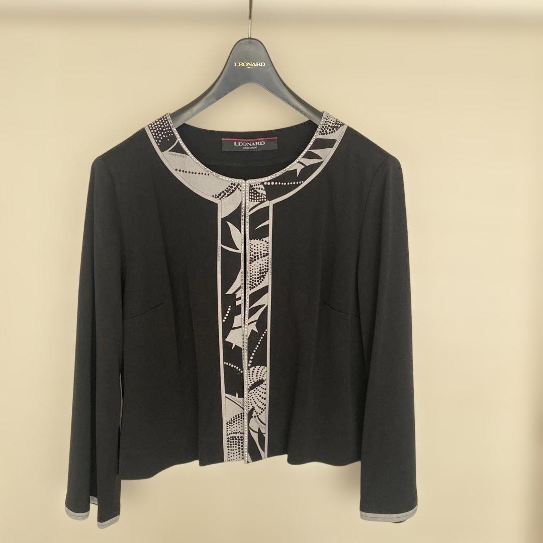【美品】レオナールLEONARD ノーカラージャケットワンピース　黒グレー　40