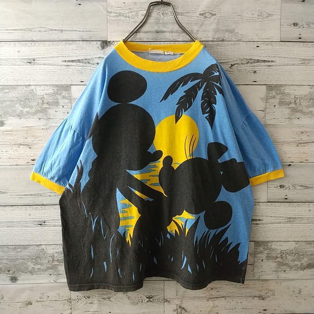 雰囲気抜群☆ディズニー ミッキー ミニー 両面プリント リンガーネック Tシャツ