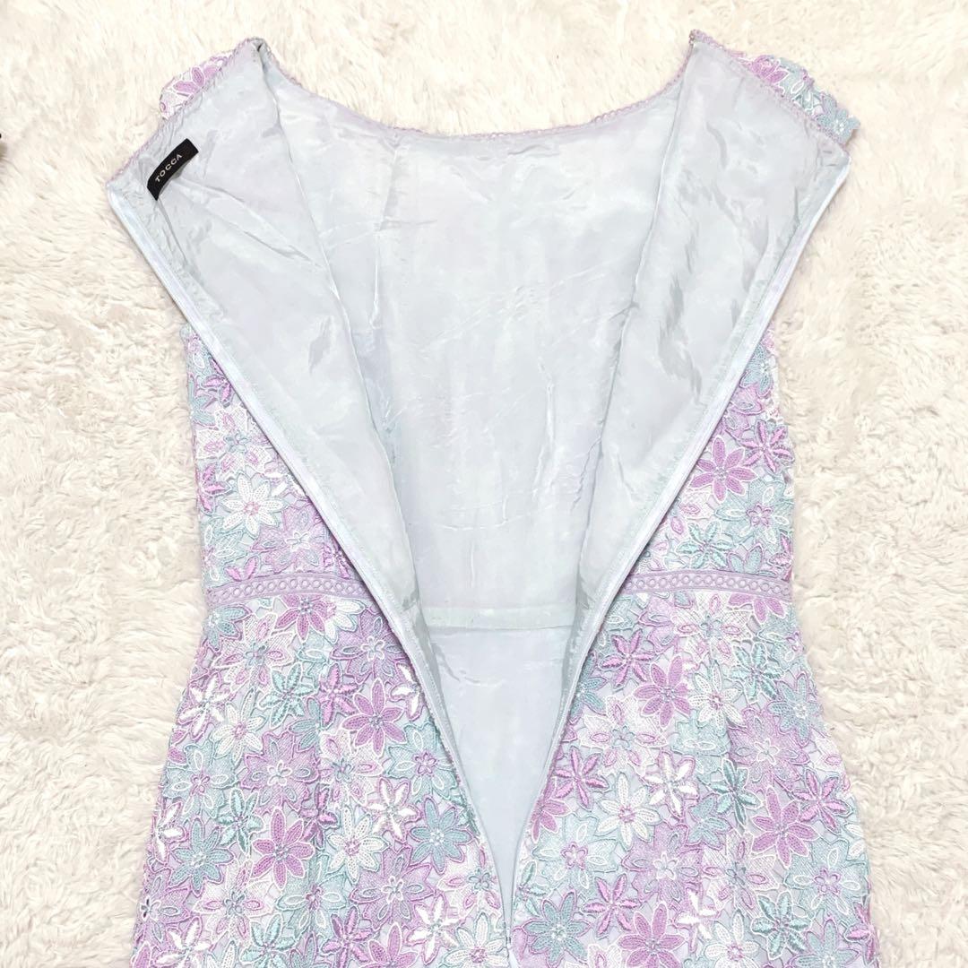 TOCCA トッカ 花柄刺繍 ノースリーブワンピース サイズ0 紫 青 ミモレ丈