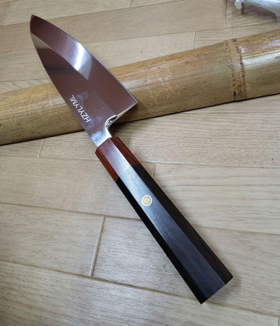 TORA出刃包丁　鏡面仕様天然木柄　ケース付き