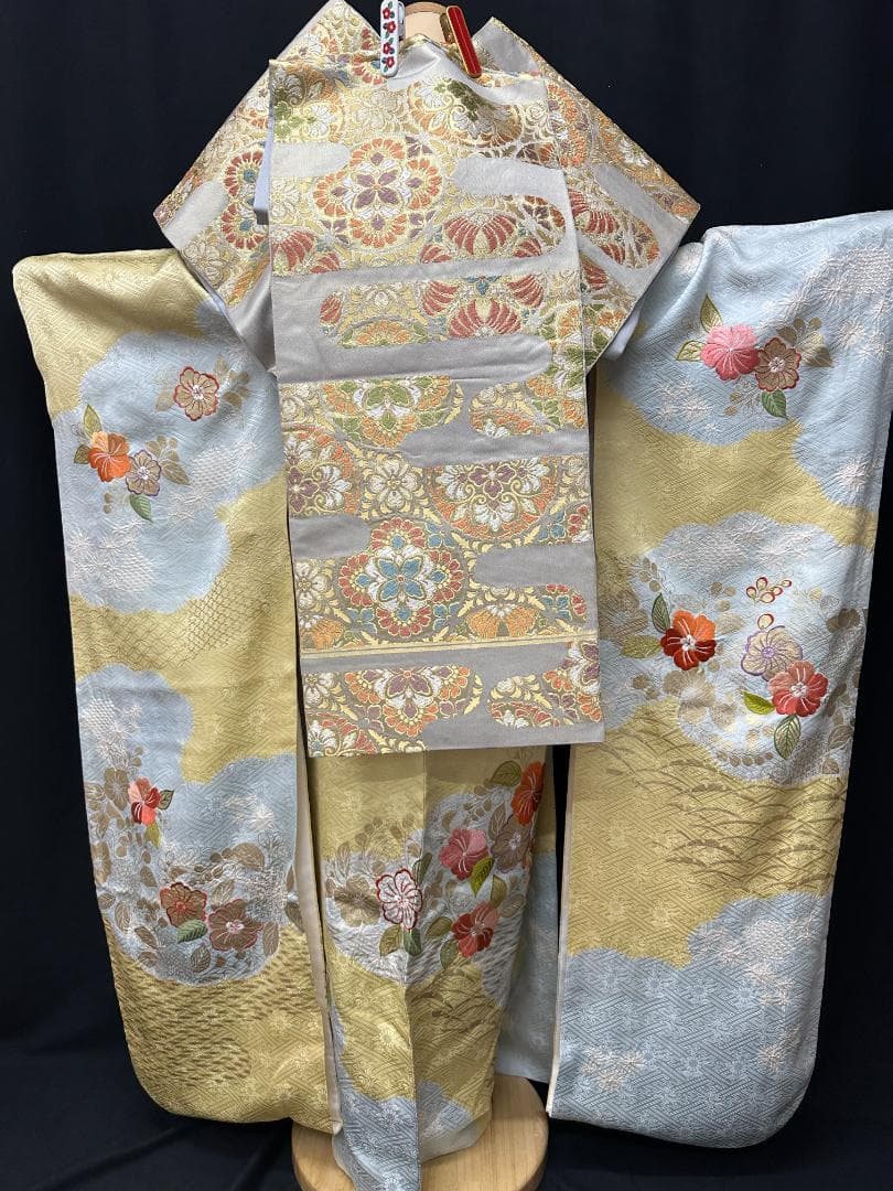 千總 桶絞り刺繍パステルカラー 振袖 川島織物袋帯フルセット